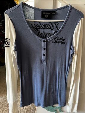 Harley-Davidson Women's Two-Tone Henley Long Sleeve Top - Blue/Cream